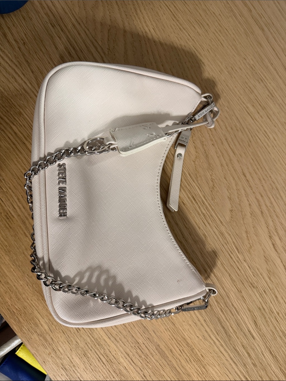 Steve Madden Cream Crescent Mini Bag with Silver Chain